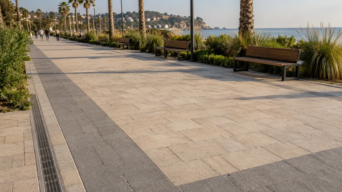 Alanya sahil yürüyüş yolunda geniş format parke taşı ve bordür düzenlemesi — Hastaş Beton